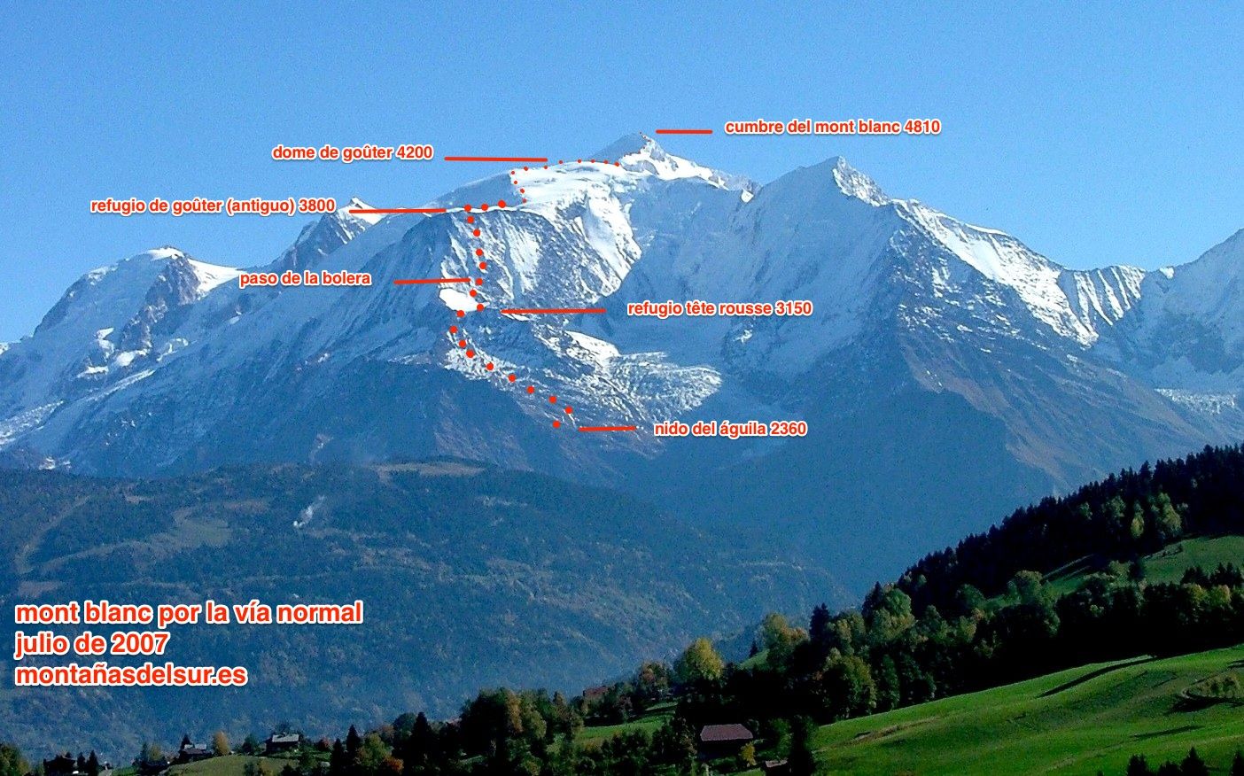 La normal al Mont Blanc y también la vía más concurrida y menos compleja es la arista de Goütter. 