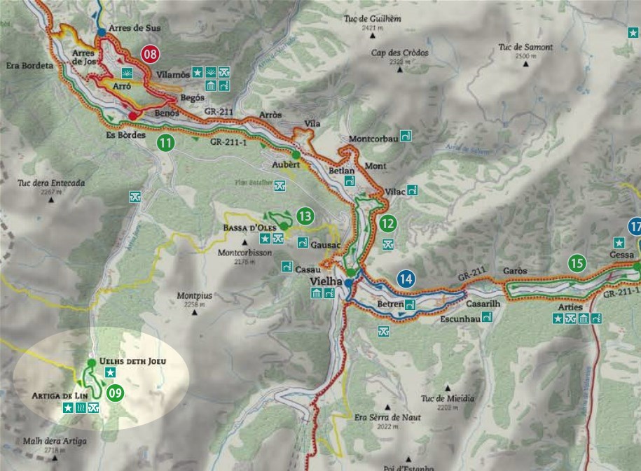 Mapa del recorrido de la ruta de l'Artiga de Lin - Uelhs deth Joueu