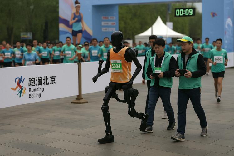 Robots humanoides corren por primera vez en una media maratón en China